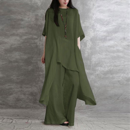 Vintage Linen Blend 2-Piece Set - Asymmetric Oversized Tunic Top & Wide Leg Pants Lounge Set Plus Size