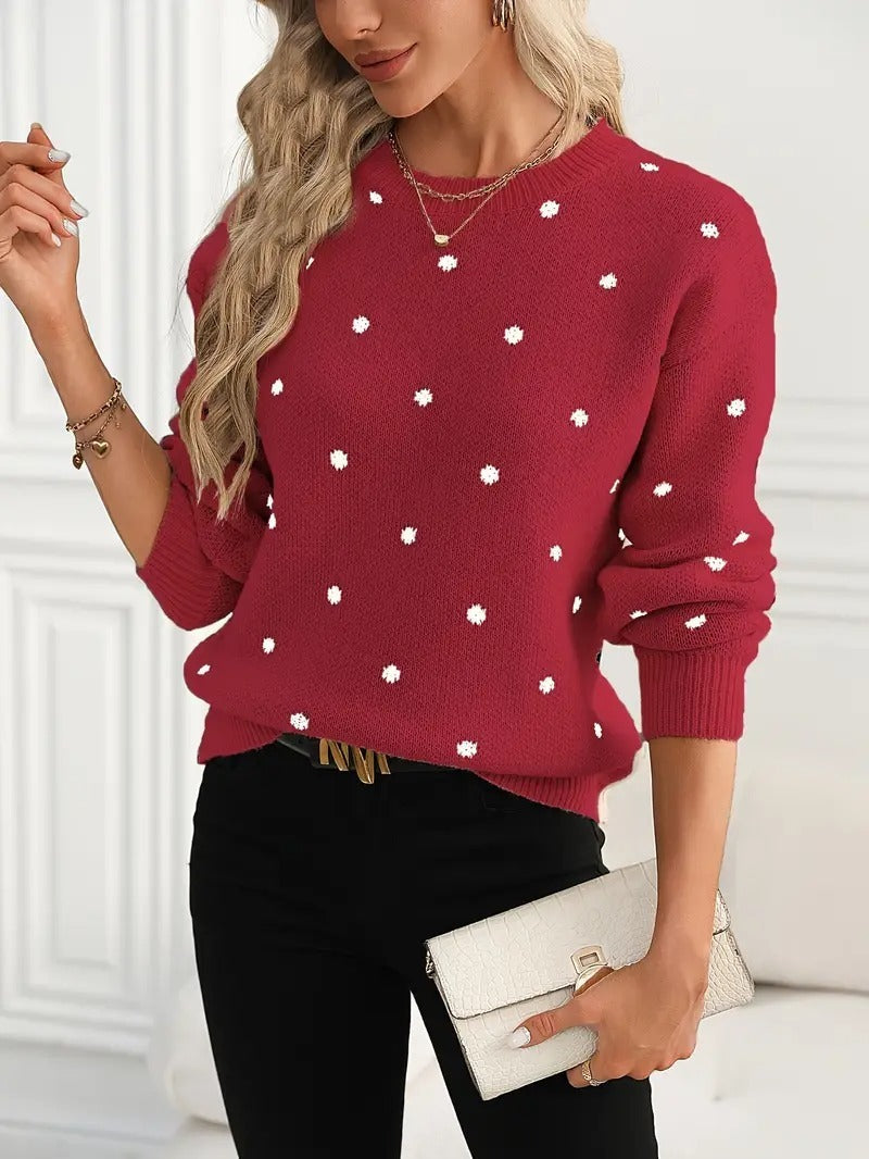 Women's Polka Dot Jacquard Knit Sweater | Casual Round Neck Long Sleeve Pullover Top