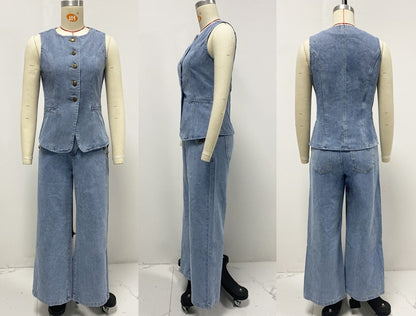 Women's Denim Vest 2-Piece Set | Casual Sleeveless Button Top & Wide Leg Pants Suit