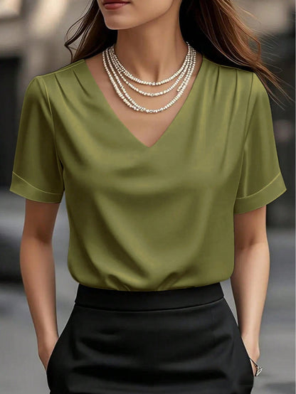Elegant Satin V-Neck Blouse | Casual Loose Pleated Shoulder Short Sleeve Silky T-Shirt Top