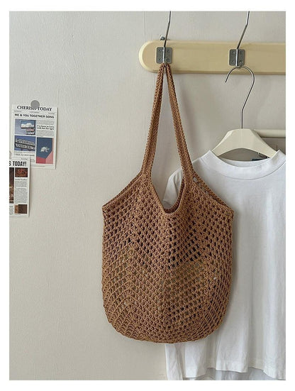 Bohemian Mesh Crochet Tote Bag - Slouchy Handwoven Cotton Knit Shoulder Purse & Beach Net Bag