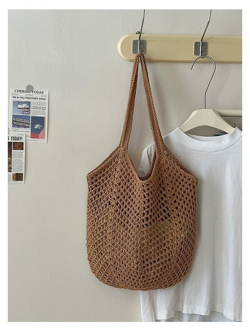 Bohemian Mesh Crochet Tote Bag - Slouchy Handwoven Cotton Knit Shoulder Purse & Beach Net Bag