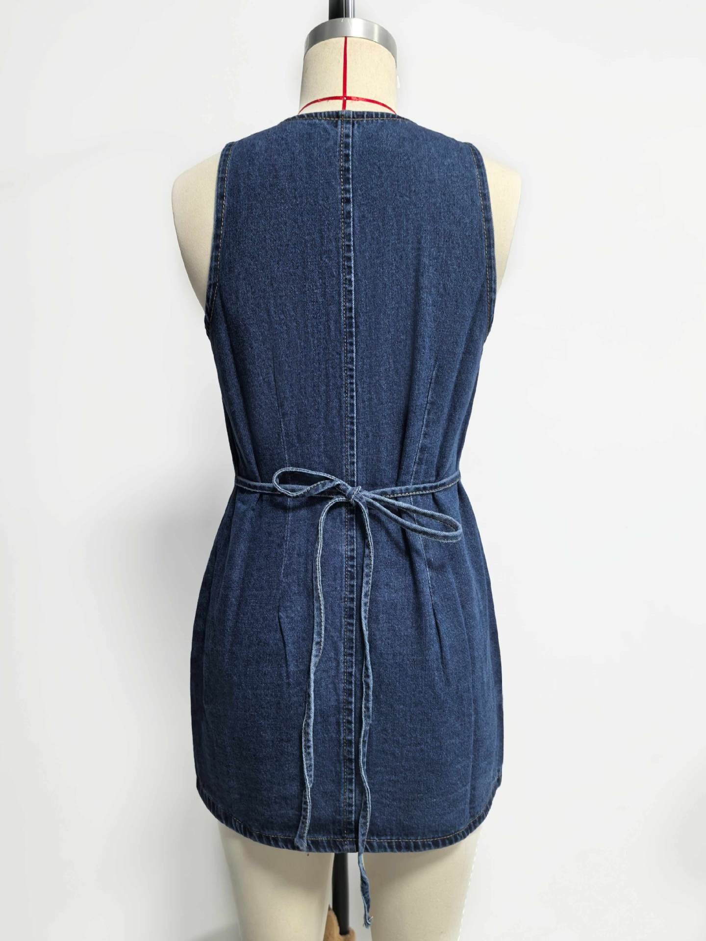 Vintage Solid Blue Denim Vest Dress for Women - Chic Tie Back Slim Fit Sundress