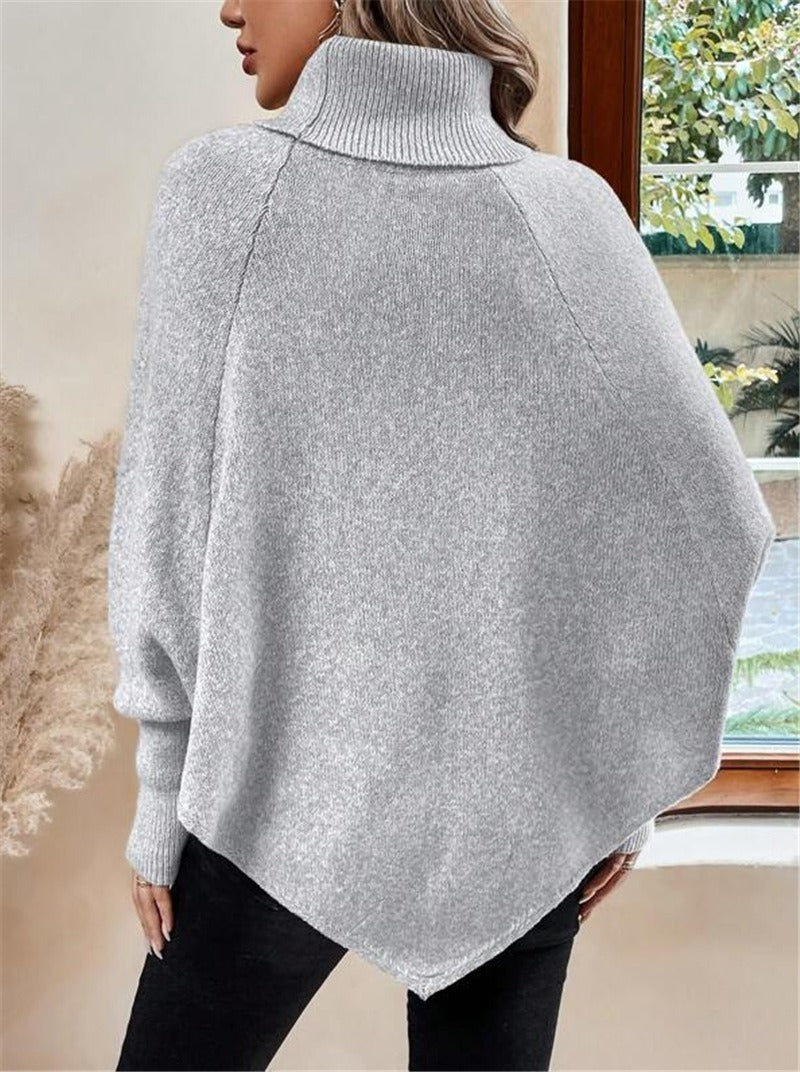 Elegant Cable Knit High Neck Poncho Sweater - Button Detail Batwing Sleeve Loose Pullover