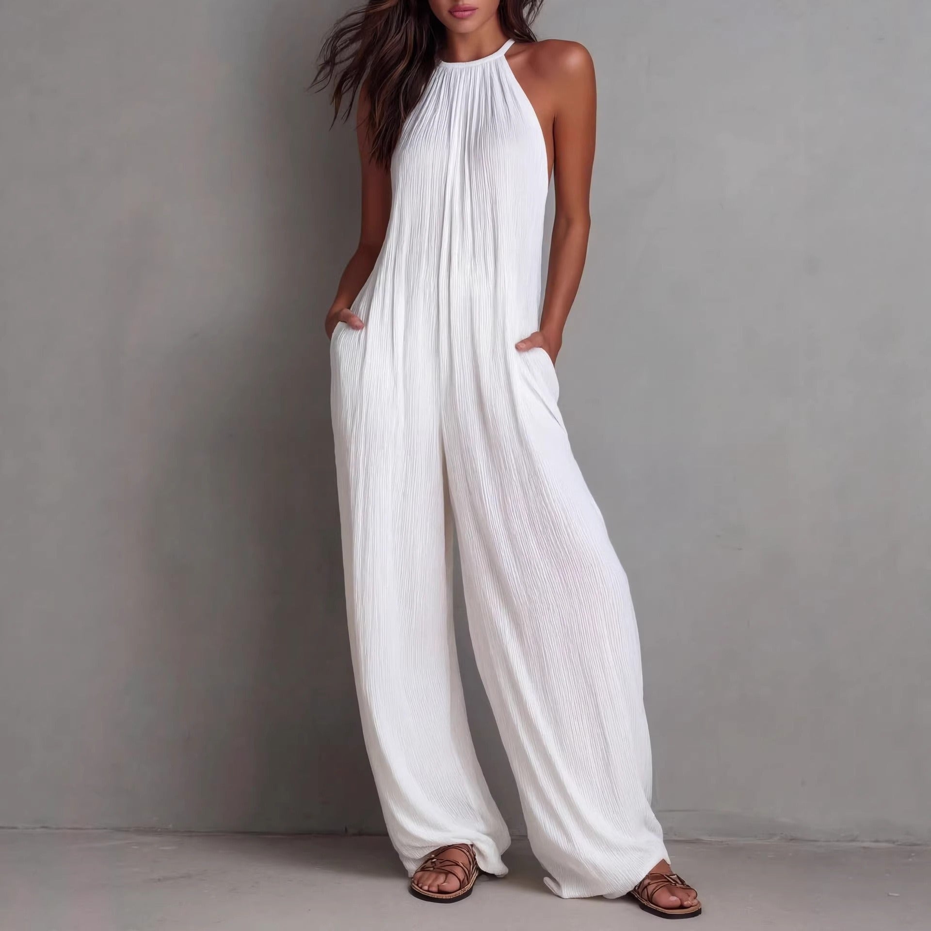 Combinaison bohème dos nu à col licou pour femme - Combi-pantalon plissée à jambes larges