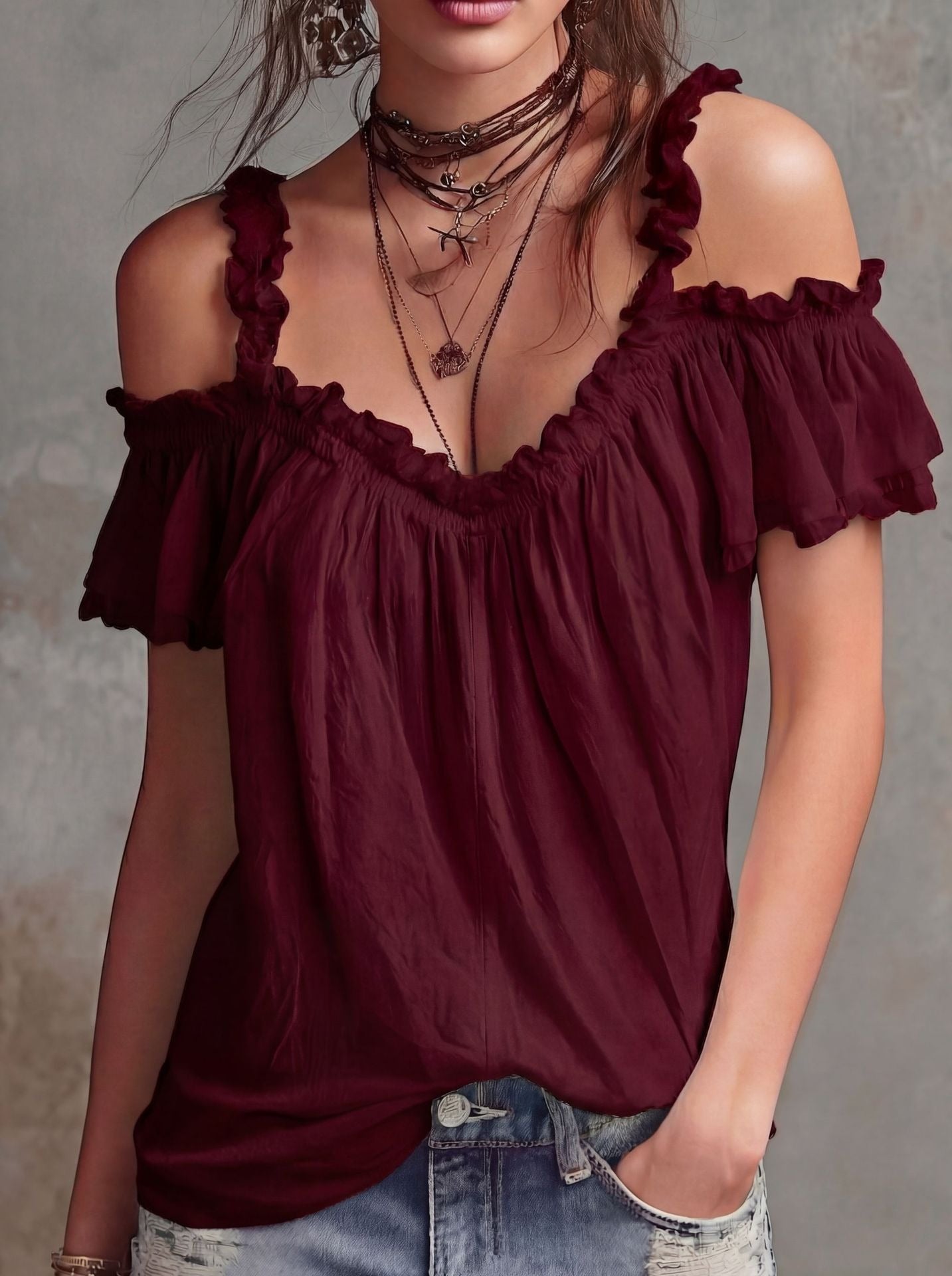 Bohemian Ruffled Holiday Sun Top | Cute Smocked Off-Shoulder Summer Shirt