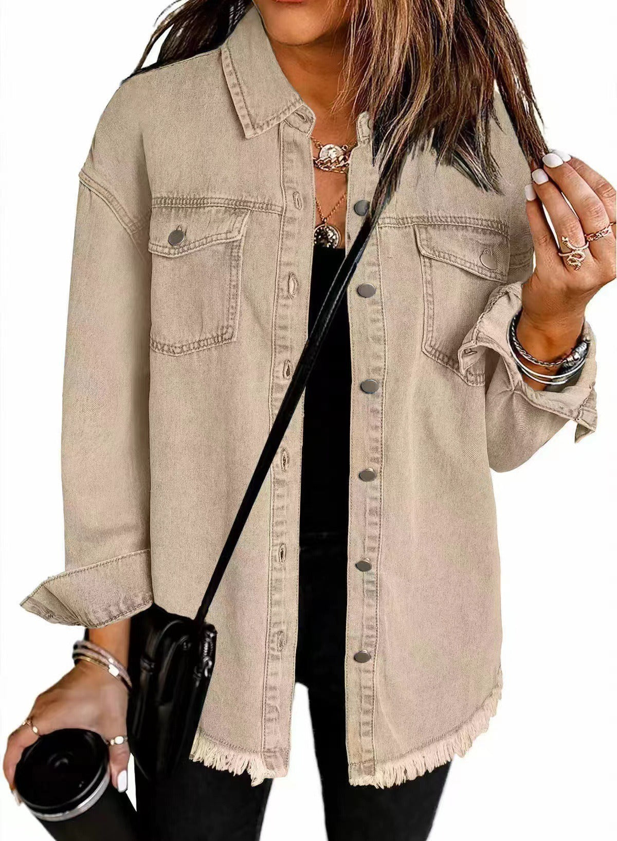 Women's Loose Casual Denim Shirt Jacket with Frayed Hem | Retro Washed Button Up Cotton Jean jacket