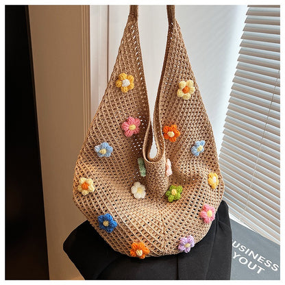 Bohemian Slouchy Crochet Tote Bag - Handmade Straw Knit Shoulder Purse with 3D Flower Patches