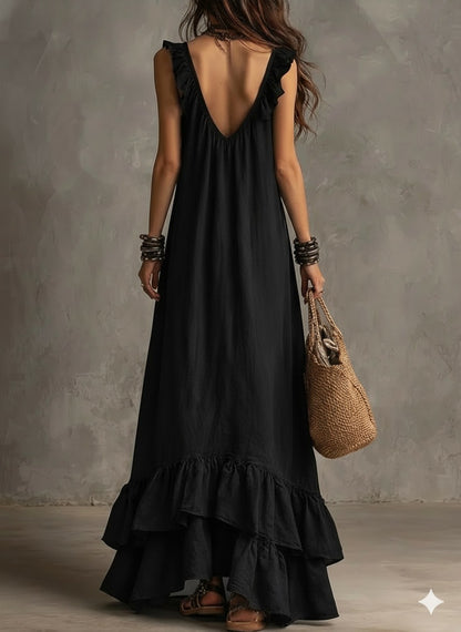 Women's Boho Ruffle Maxi Dress - V-Neck Sleeveless Flowy Beach Long Dress