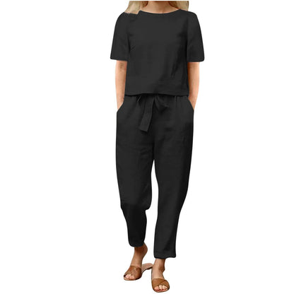 Ensemble assorti d'été minimaliste beige pour femme – Tunique chic en coton et lin et pantalon sarouel ceinturé, tenue 2 pièces légère pour le quotidien