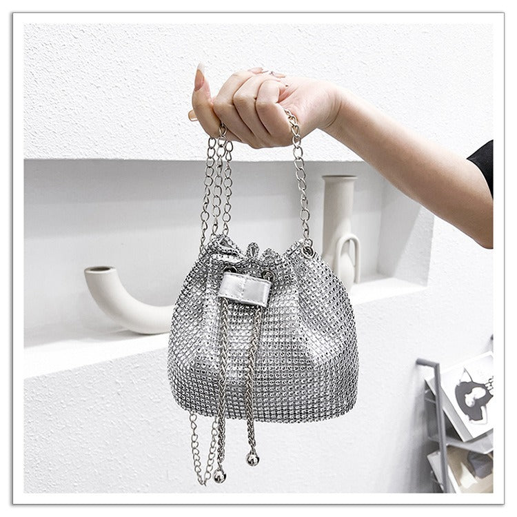 Glamorous Rhinestone Drawstring Bucket Bag - Luxury Crystal Chain Shoulder Purse & Crossbody Bag