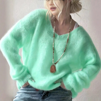 Women's Fuzzy Mohair-Like Knit Sweater | Casual V-Neck Long Sleeve Fluffy Pullover Top