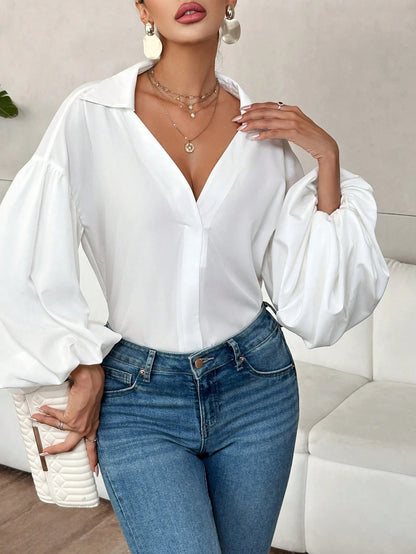 Polka Dot V-Neck Lantern Sleeve Blouse | Loose Fit Elegant Casual Pleated Shirt Top
