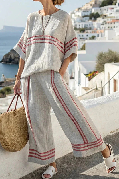 Women's Linen-Blend Two Piece Outfits – Contrast Stripe Batwing Sleeve Top and Wide Leg Pants Set