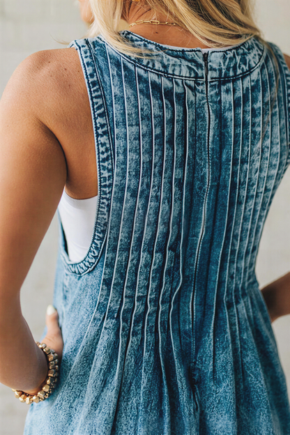 Vintage Washed Denim Wide Leg Romper for Women - Artsy V-Neck Pintuck Jumpsuit