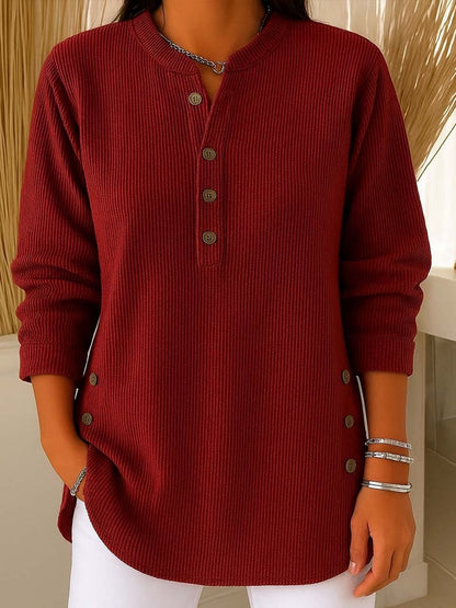 Chic Corduroy-Texture Knitted Blouse for Women - Loose Fit Side Button Tunic Jumper