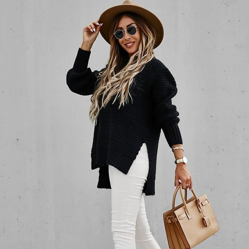 Chunky Knit Mock Neck Sweater - Loose Fit Side Slit Long Sleeve Pullover Sweater Plus Size