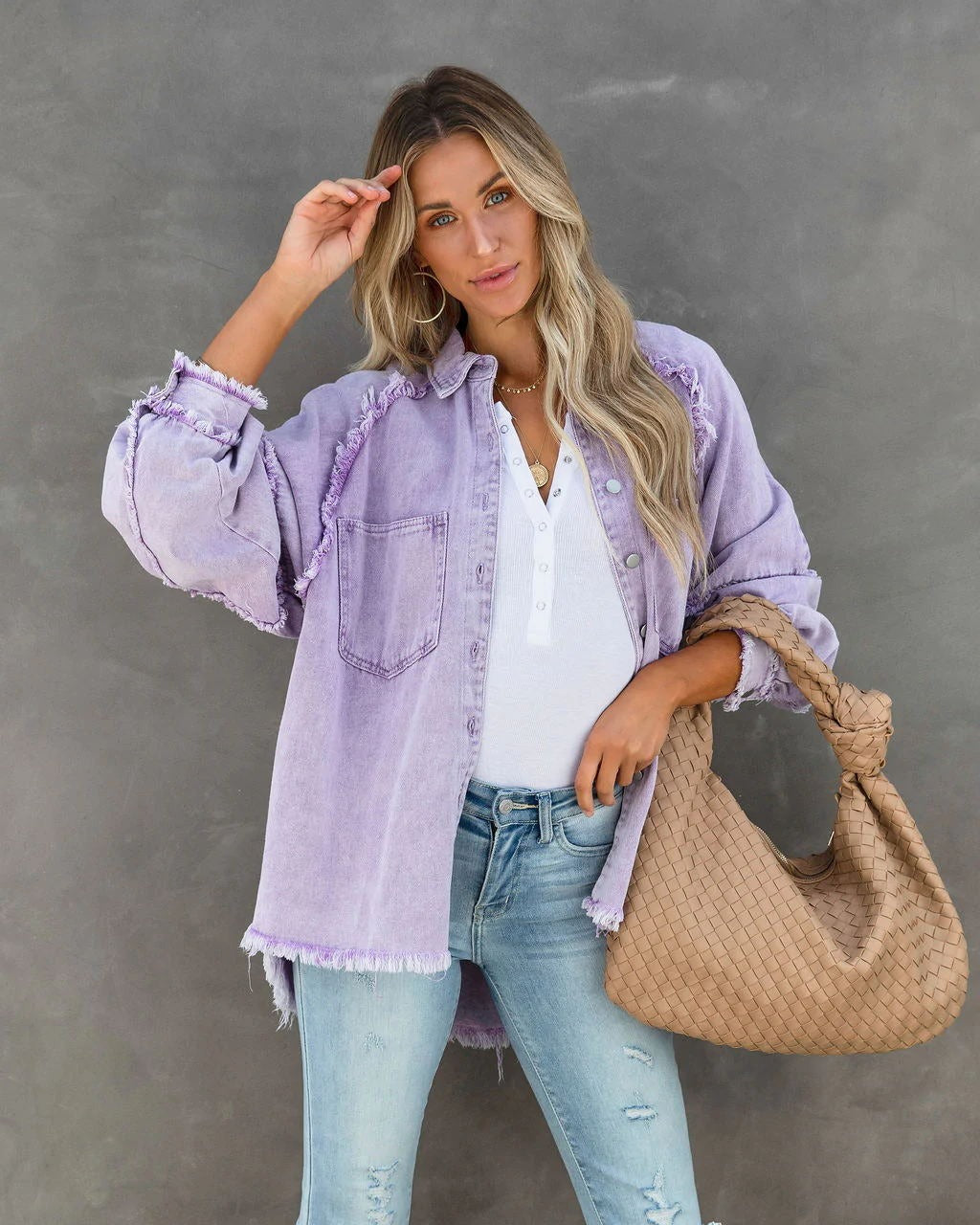 Vintage Oversized Raw Edge Denim Shirt for Women - Streetwear Button Down Jacket