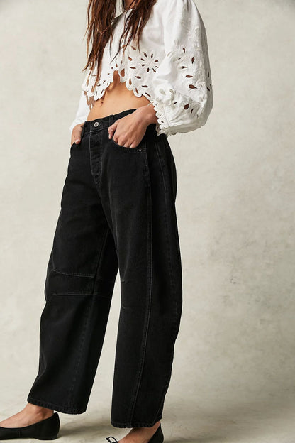 Vintage Washed Cropped Barrel Jeans for Women - Slouchy Mid-Rise Balloon Trousers