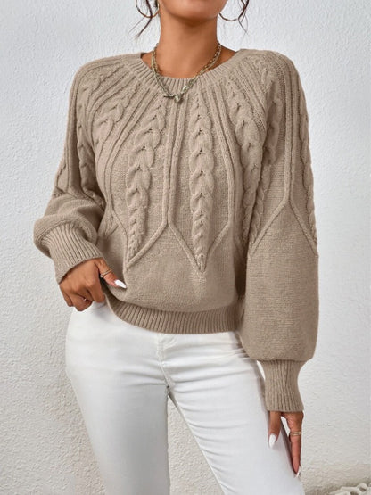 Women's Cable Knit Pullover Sweater | Casual Round Neck Long Sleeve Ribbed Jumper Top