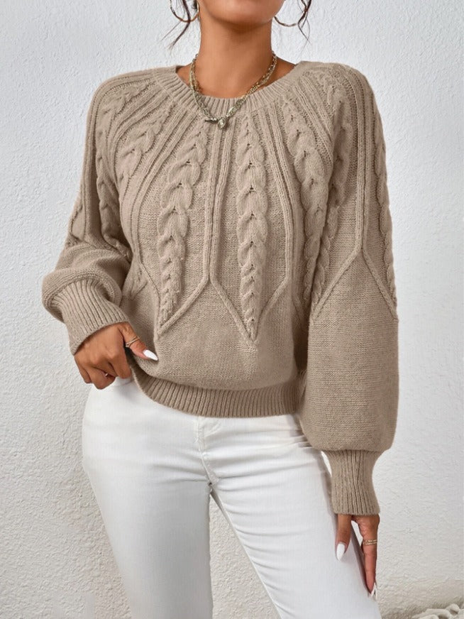 Women's Cable Knit Pullover Sweater | Casual Round Neck Long Sleeve Ribbed Jumper Top