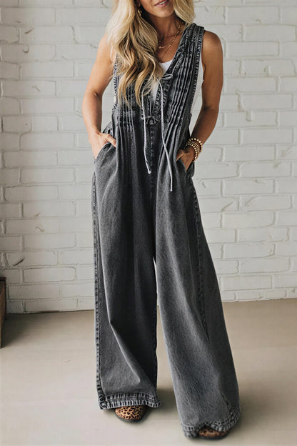 Vintage Washed Denim Wide Leg Romper for Women - Artsy V-Neck Pintuck Jumpsuit