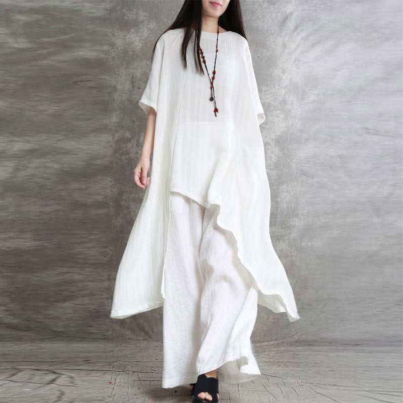 Vintage Linen Blend 2-Piece Set - Asymmetric Oversized Tunic Top & Wide Leg Pants Lounge Set Plus Size