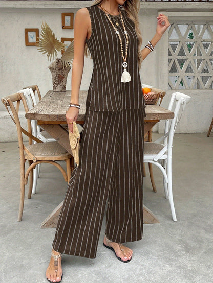 PromiseGift Ensemble d'été 2 pièces effet lin | Top sans manches marron café et pantalon palazzo rayé