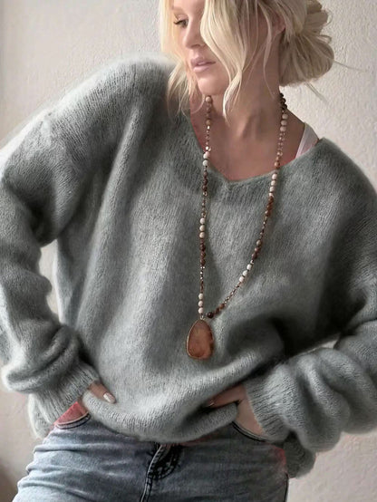 Women's Fuzzy Mohair-Like Knit Sweater | Casual V-Neck Long Sleeve Fluffy Pullover Top