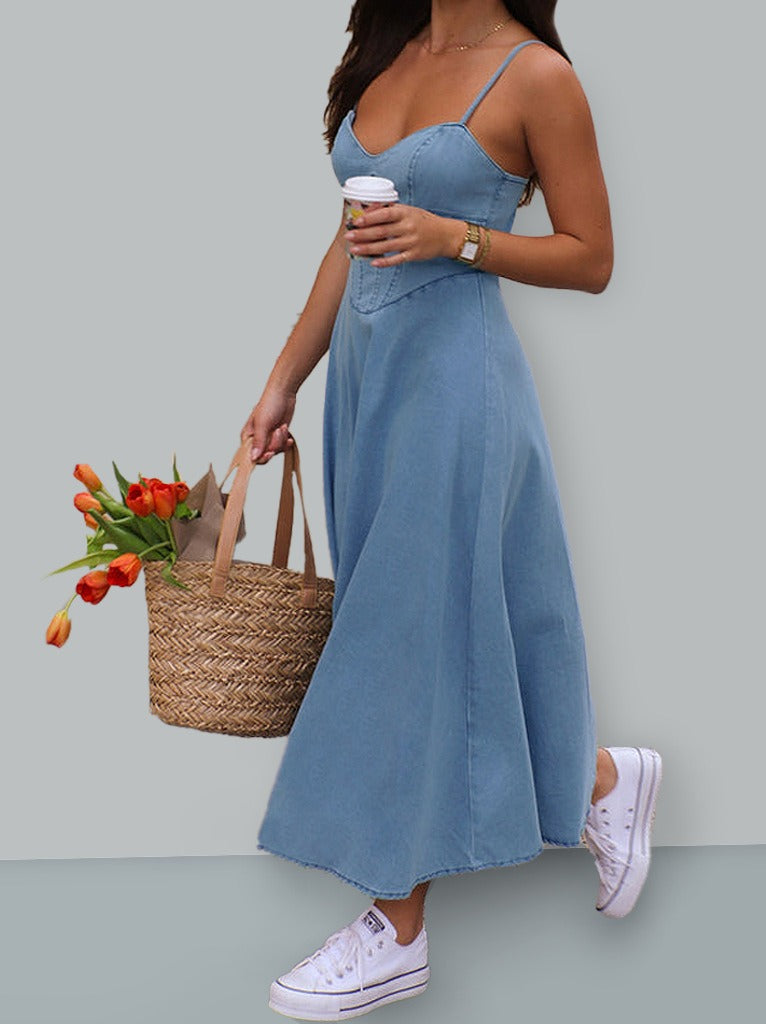Vintage Washed Denim Camisole Dress for Women - Elegant Slender Fit A-Line Long Gown
