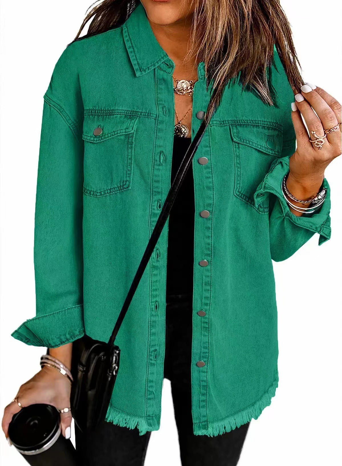Women's Loose Casual Denim Shirt Jacket with Frayed Hem | Retro Washed Button Up Cotton Jean jacket