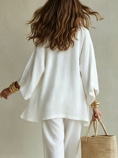 Women's Linen-Look 3-Piece Set - Oversized Cardigan, V-Neck Cami & Wide Leg Pants