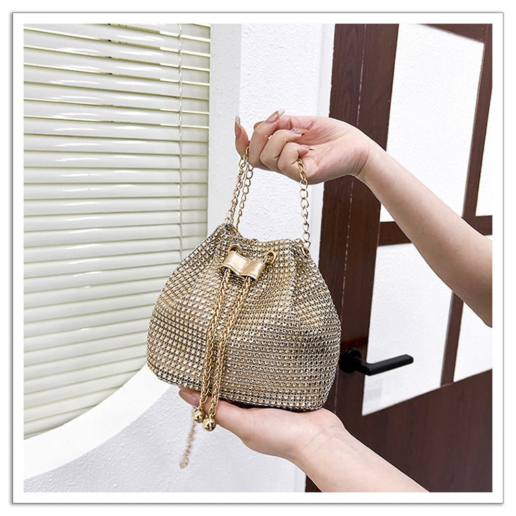 Glamorous Rhinestone Drawstring Bucket Bag - Luxury Crystal Chain Shoulder Purse & Crossbody Bag