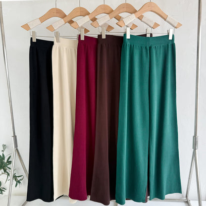 Elegant 3-Piece Ribbed Knit Set - Open Front Long Duster Cardigan, Crewneck Tee & Wide Leg Pants Lounge Set
