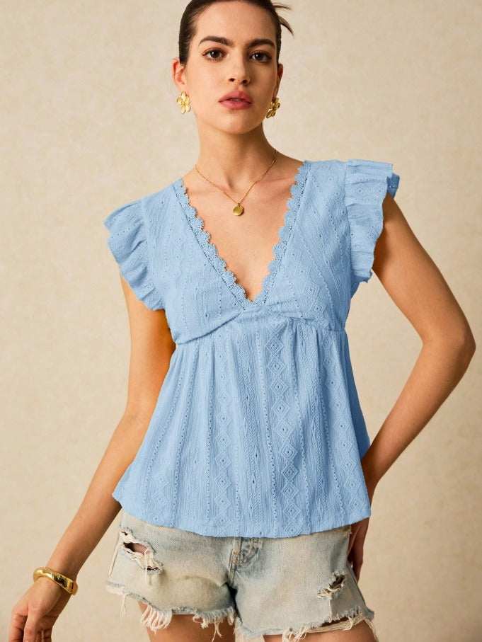 Eyelet Lace V-Neck Ruffle Blouse | Embroidered Short Sleeve Casual Babydoll Shirt Top