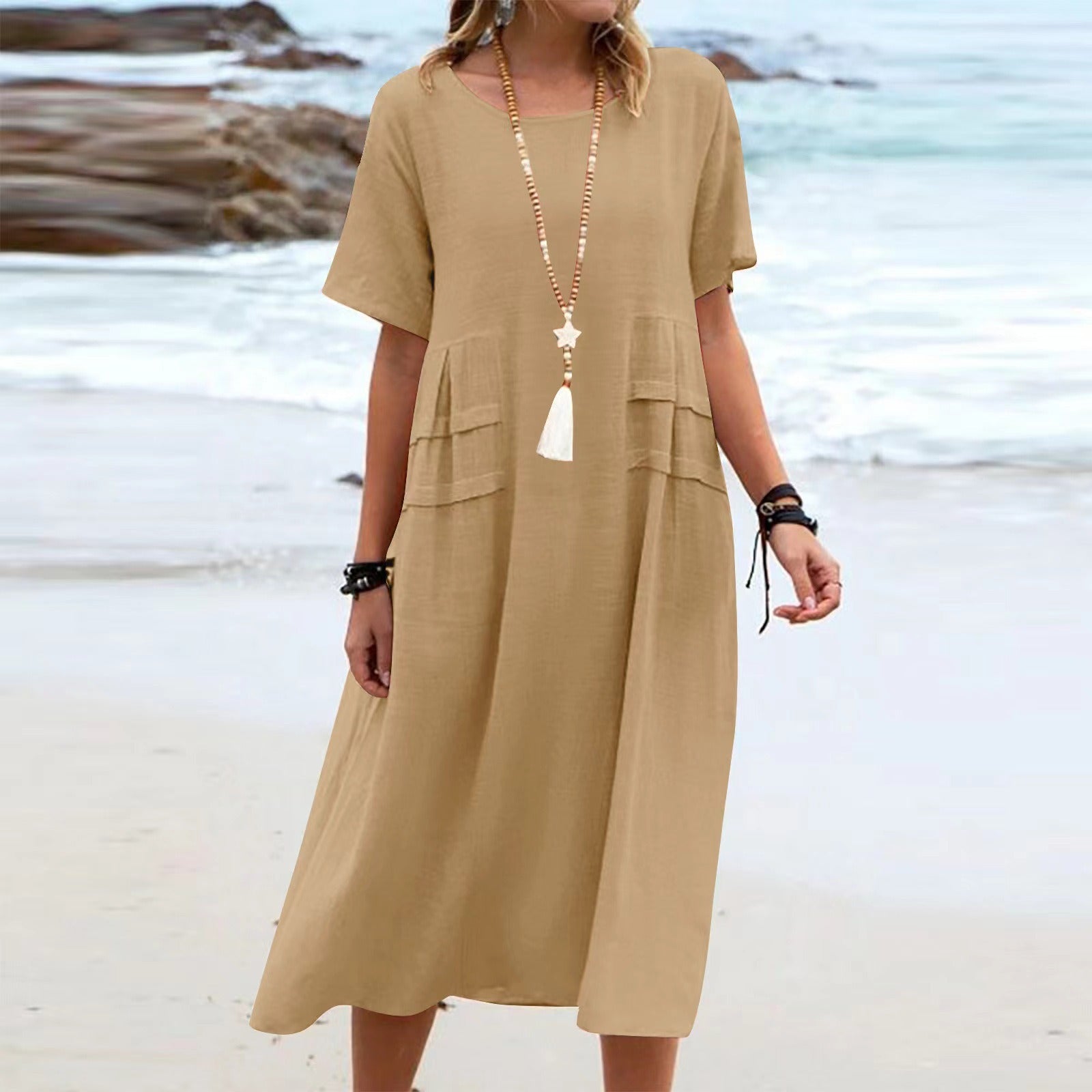 Boho Chic Blue Summer Dress for Women – Elegant Round Neck Tiered Tunic Dress, Breezy Minimalist Resort Wear Midi Gown