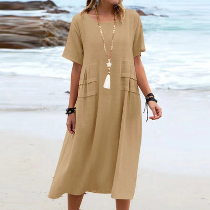 Boho Chic Blue Summer Dress for Women – Elegant Round Neck Tiered Tunic Dress, Breezy Minimalist Resort Wear Midi Gown