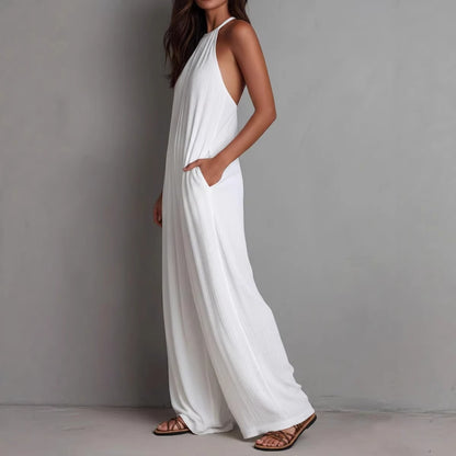 Combinaison bohème dos nu à col licou pour femme - Combi-pantalon plissée à jambes larges