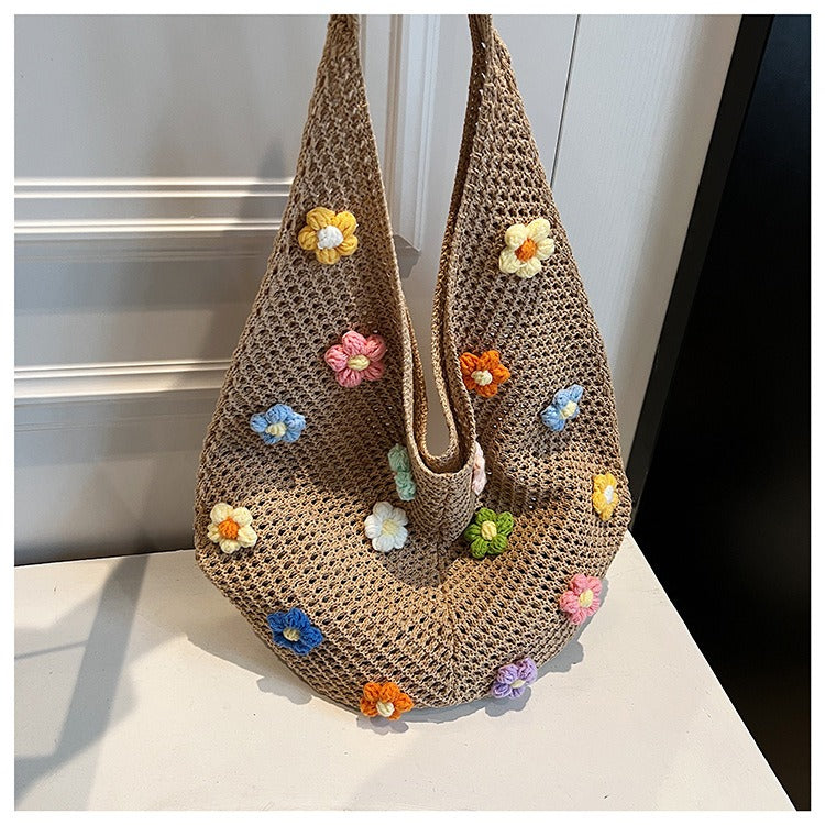 Bohemian Slouchy Crochet Tote Bag - Handmade Straw Knit Shoulder Purse with 3D Flower Patches