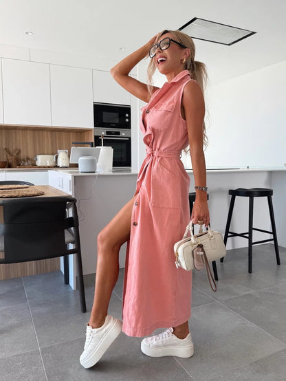 Vintage Solid Pink Denim Shirt Dress for Women - Elegant Turn-Down Collar Vest Dress