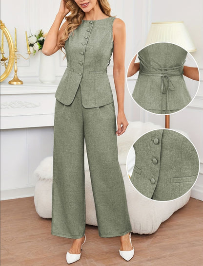 Ensemble 2 pièces sans manches PromiseGift | Gilet boutonné gris flanelle et pantalon large