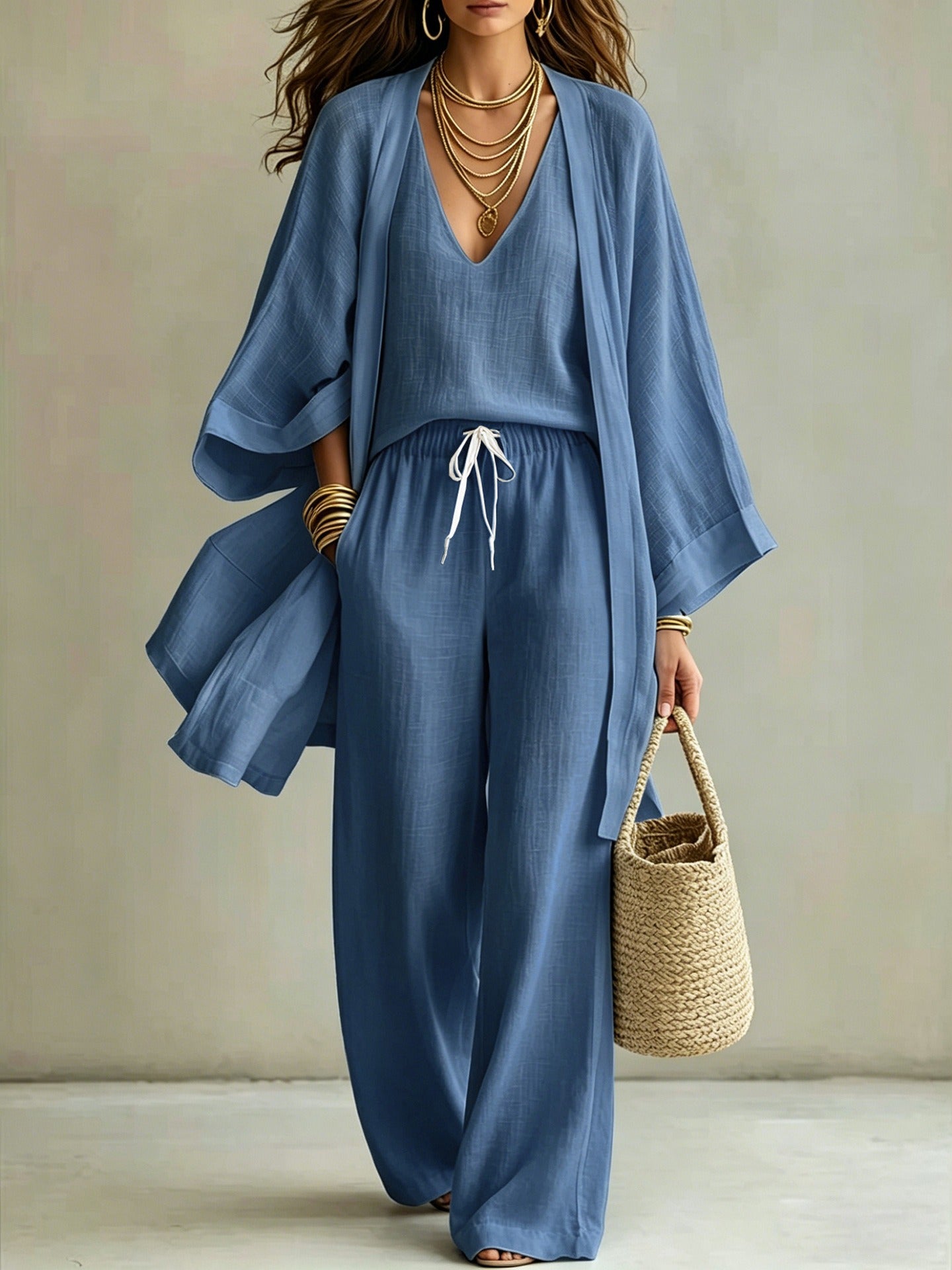 Women's Linen-Look 3-Piece Set - Oversized Cardigan, V-Neck Cami & Wide Leg Pants