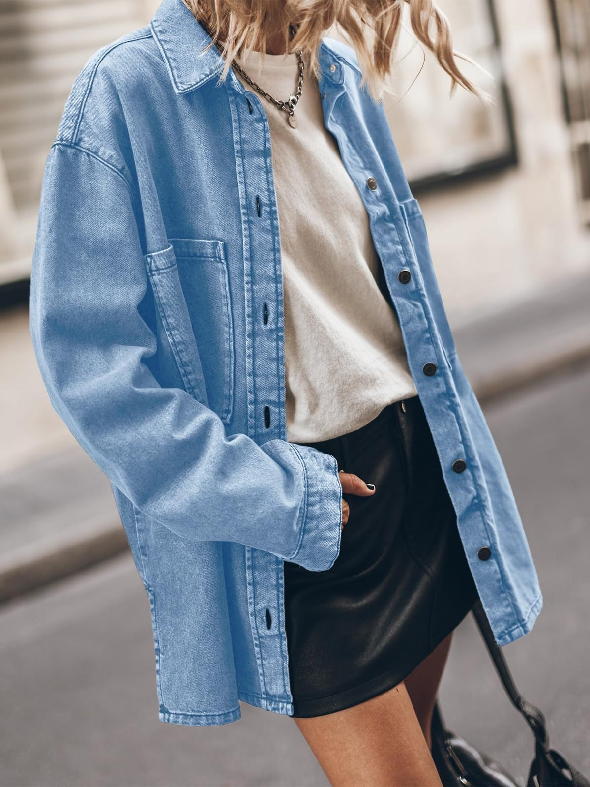 Vintage Solid Blue Denim Shirt for Women - Slouchy Mid-Long Jacket with Large Pockets