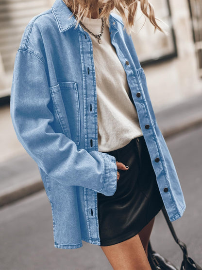 Vintage Solid Blue Denim Shirt for Women - Slouchy Mid-Long Jacket with Large Pockets