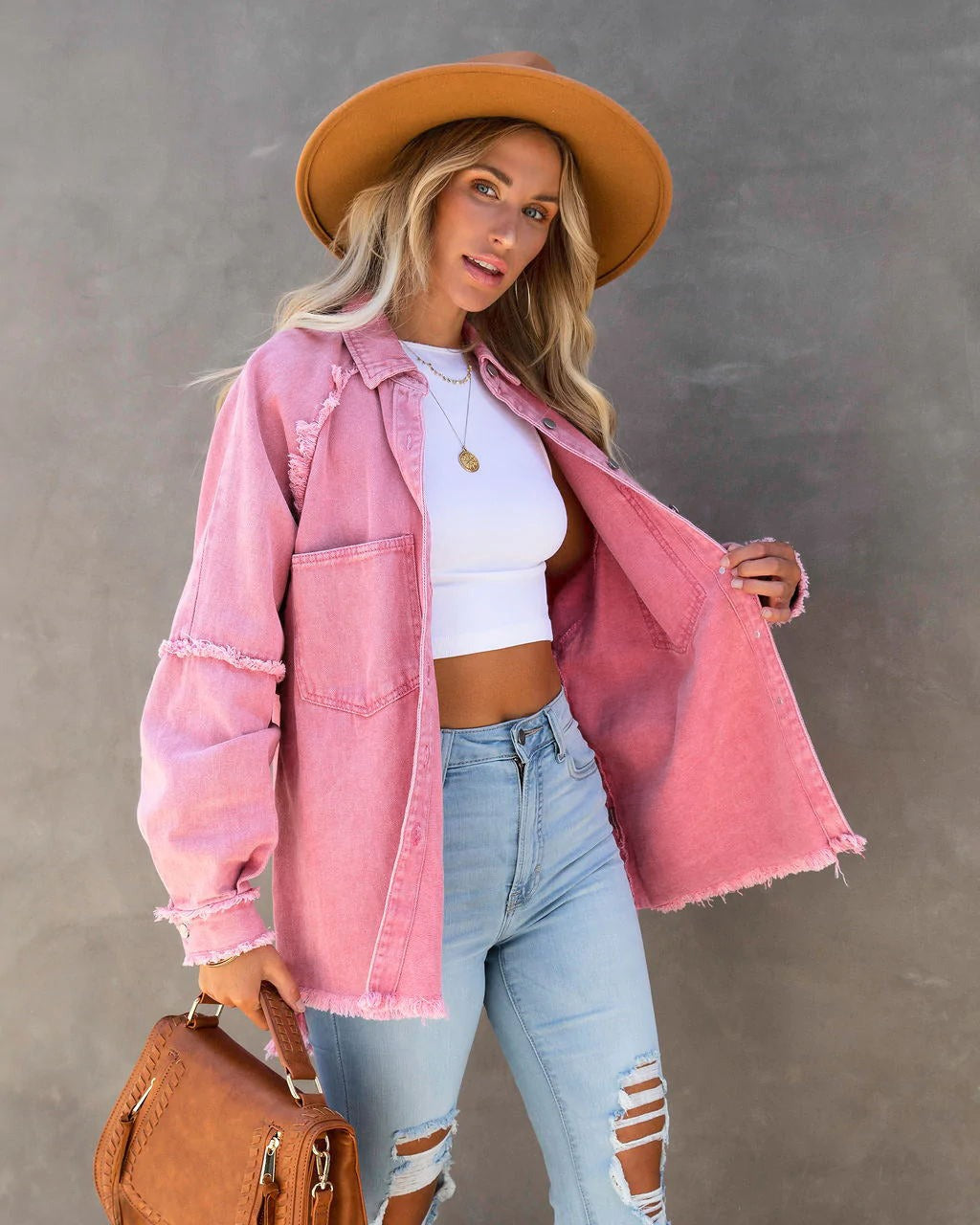 Vintage Oversized Raw Edge Denim Shirt for Women - Streetwear Button Down Jacket