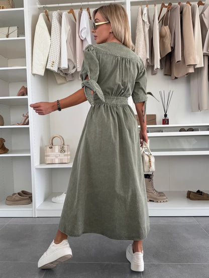 Women's Plunging V-Neck Denim Midi Dress | Casual Puff Sleeve Button Down Long Gown