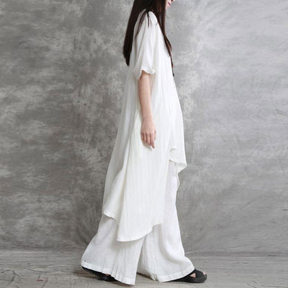Vintage Linen Blend 2-Piece Set - Asymmetric Oversized Tunic Top & Wide Leg Pants Lounge Set Plus Size
