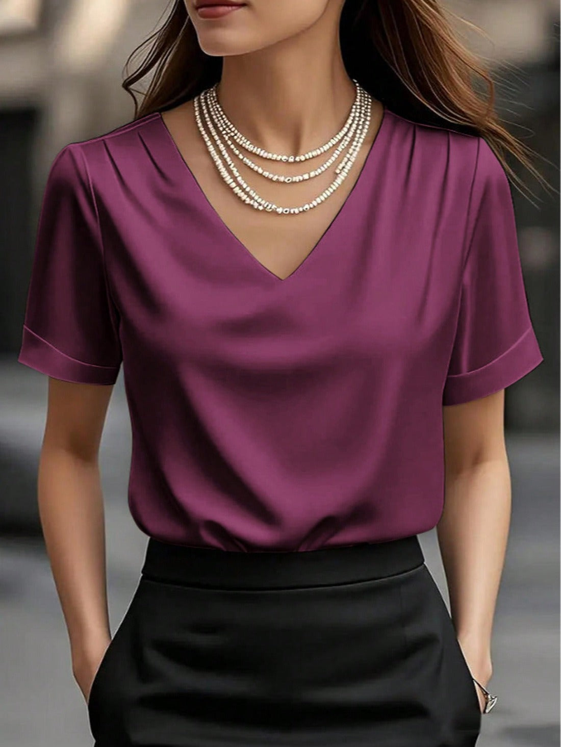 Elegant Satin V-Neck Blouse | Casual Loose Pleated Shoulder Short Sleeve Silky T-Shirt Top