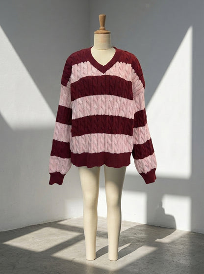 Women's Striped Cable Knit V-Neck Sweater | Casual Loose Fit Color Block Pullover Top