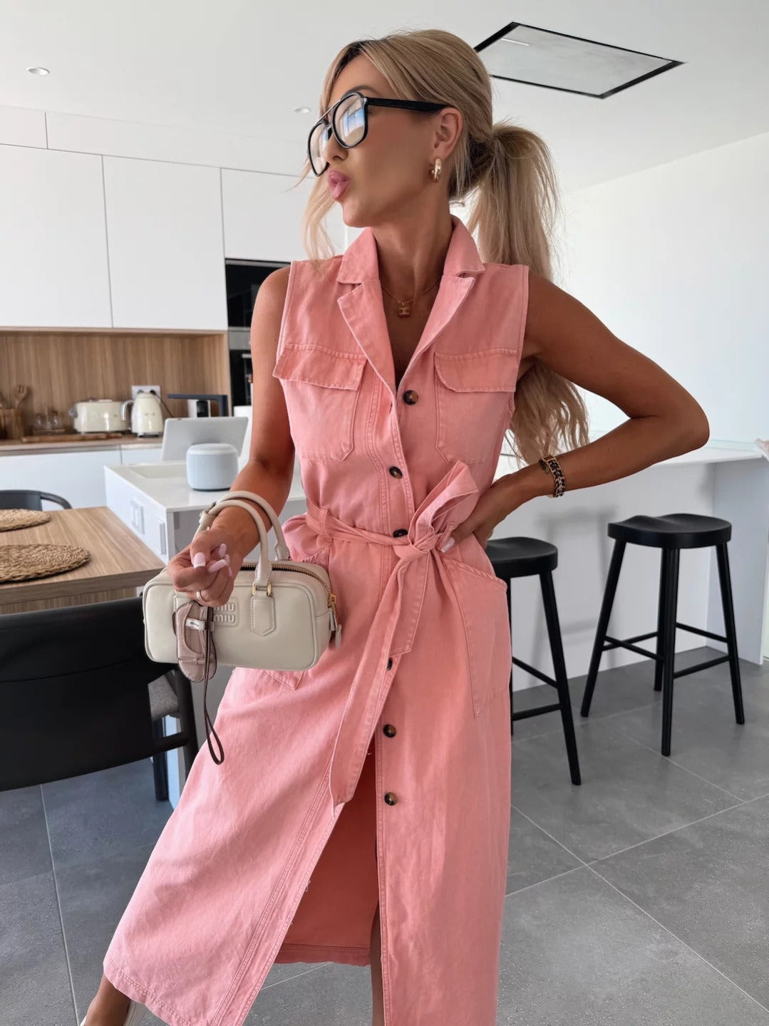 Vintage Solid Pink Denim Shirt Dress for Women - Elegant Turn-Down Collar Vest Dress